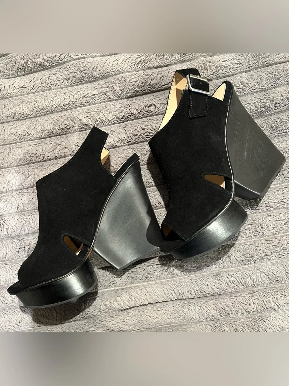 SHOEMINT ISABELA BLACK SUEDE PEEP TOE HEEL SLINGBACK PLATFORM WEDGE SHOES 9 NEW
